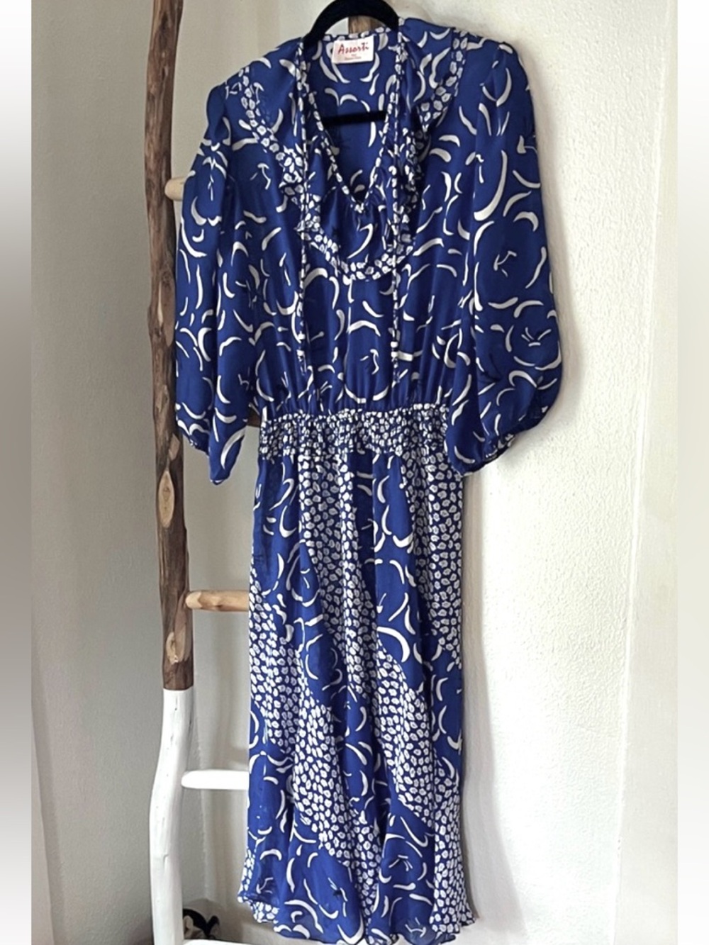Assorti Susan Freis Cobalt Blue White  Floral Ruffle 3/4 Sleeve Midi Dress OS